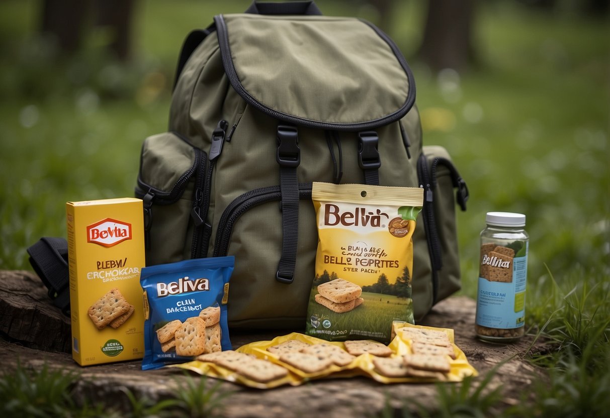 A backpack open on a grassy clearing, revealing a package of Belvita Breakfast Biscuits and a map, surrounded by geocaching gear