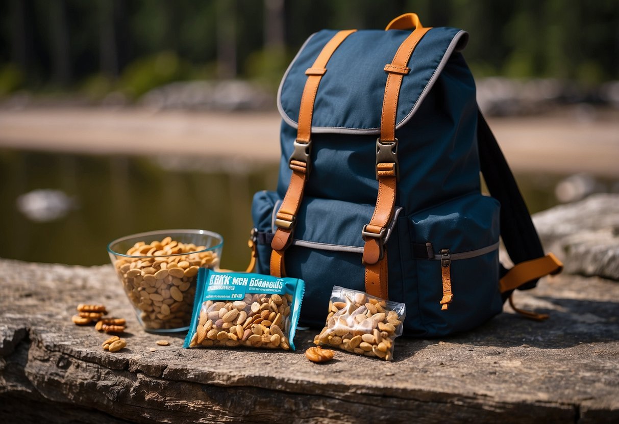 A backpack open on the ground, filled with lightweight snacks like trail mix, granola bars, and dried fruit. A map and compass are nearby, ready for a geocaching adventure