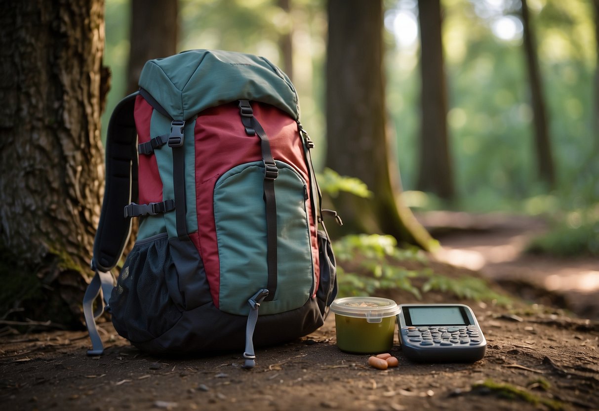 A backpack open on the ground, surrounded by trees and a GPS device. Inside the bag are various lightweight snacks like trail mix, granola bars, and dried fruit, all neatly organized and ready to be packed for a geocaching trip