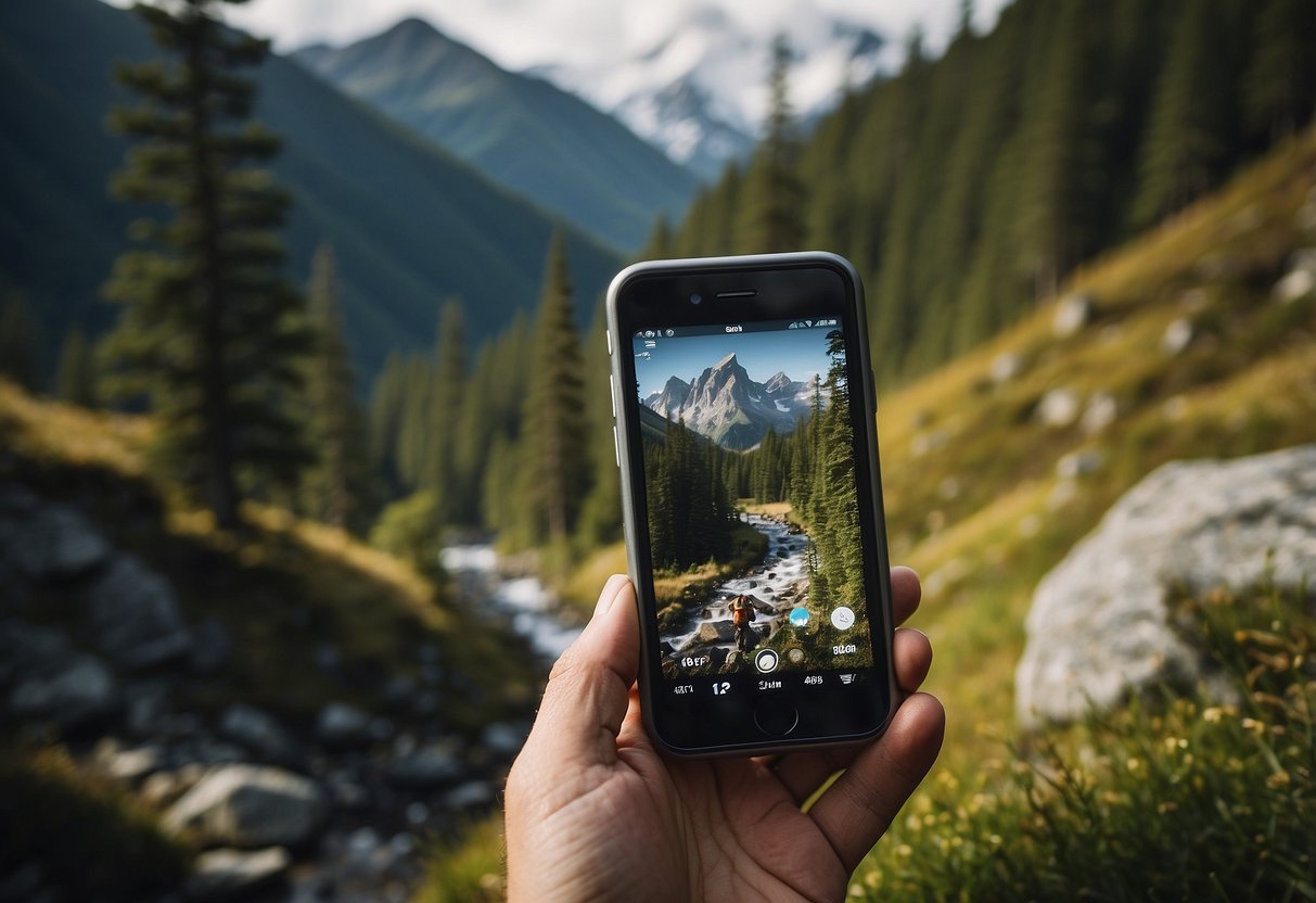 A rugged landscape with dense forests, towering mountains, and winding rivers. A geocacher uses a GPS device to navigate through the wilderness, searching for hidden treasures