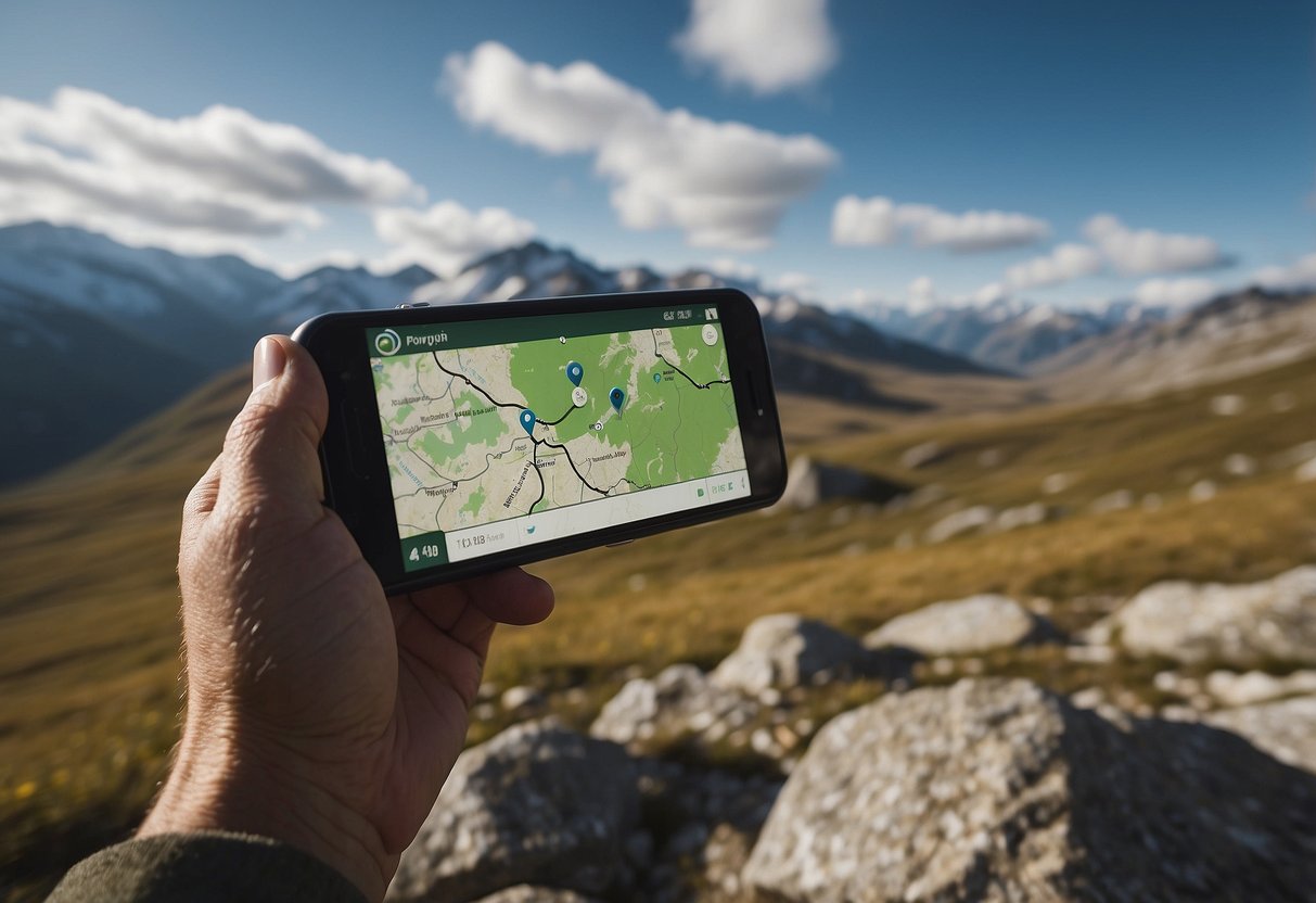 A person checks a weather forecast on a phone while surrounded by a rugged backcountry landscape. A geocaching GPS device and a map are nearby