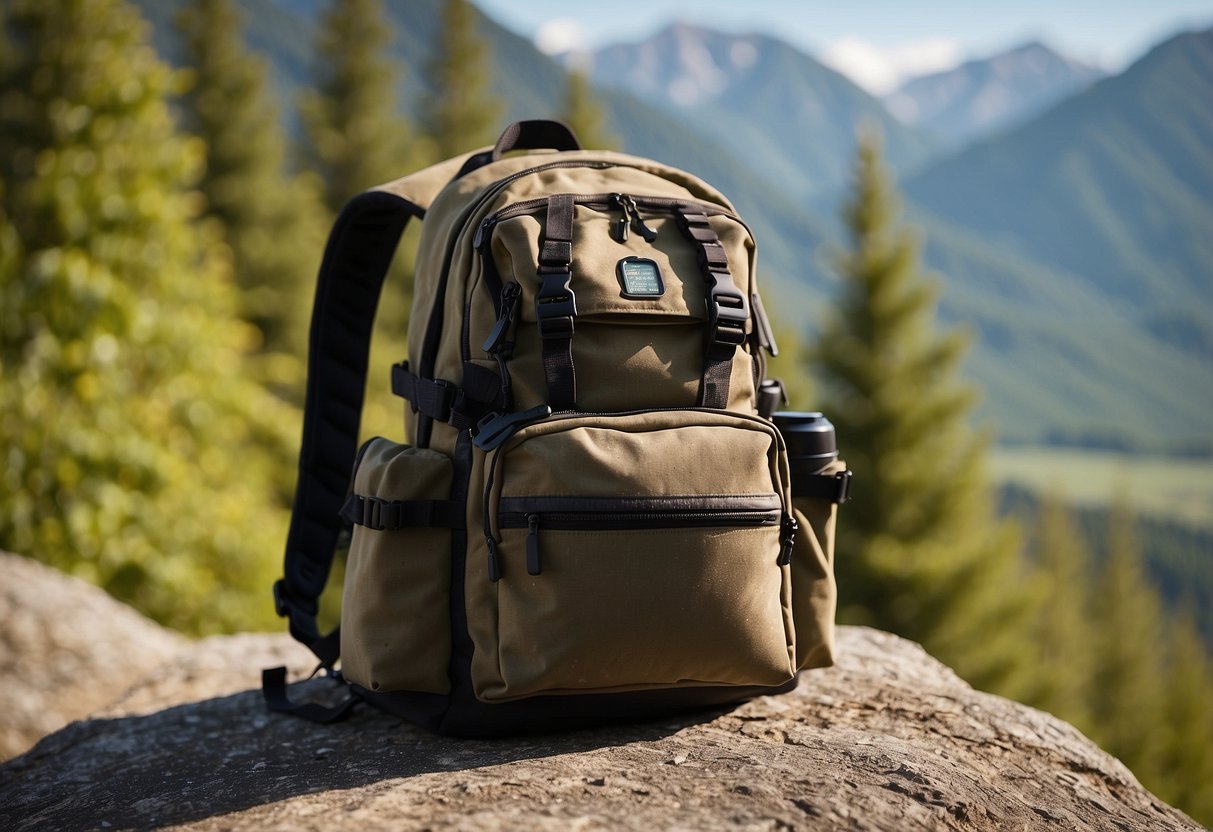 A backpack open on the ground, with a GPS device, compass, and extra batteries spilling out. Trees and mountains in the background