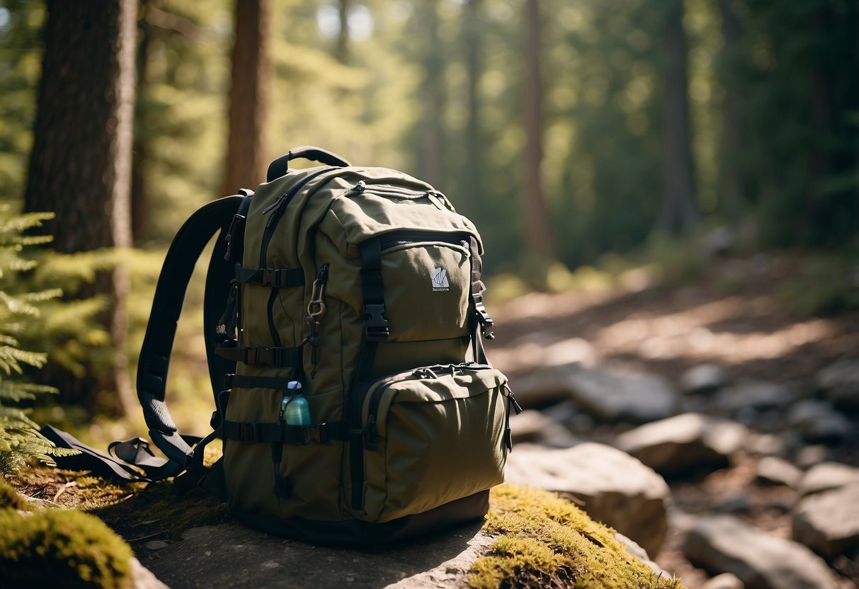 A backpack with water bottles and a map on a rocky trail in a forested backcountry. Sunlight filters through the trees