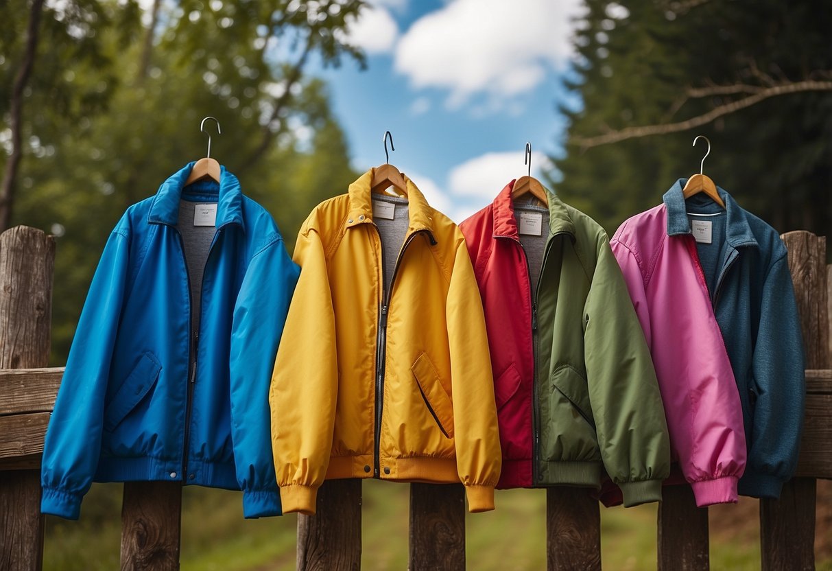 Five colorful lightweight jackets hanging on a rustic wooden fence, with a lush forest and a clear blue sky in the background