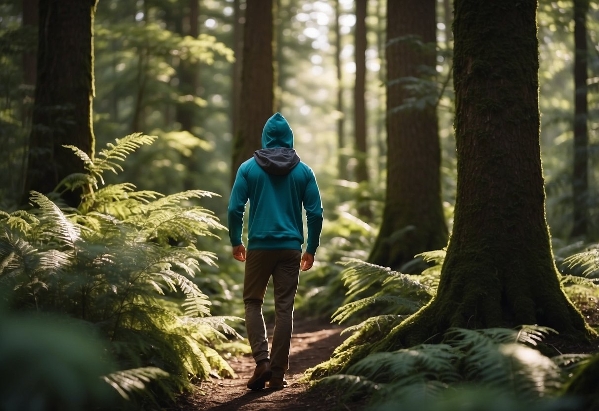 A bright, sunny day in a lush forest. A geocacher wearing an Arc'teryx Atom LT Hoodie searches for hidden treasures, surrounded by tall trees and vibrant foliage