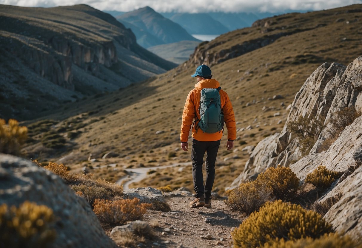 A rugged landscape with rocky cliffs and a winding trail, showcasing the Patagonia Nano Puff jacket being worn by a geocacher in action