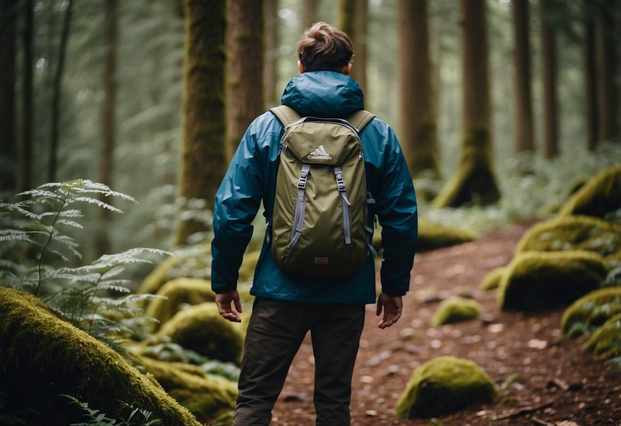 A forest clearing with a geocacher wearing a Columbia OutDry Ex Reign jacket, searching for hidden treasures among trees and rocks