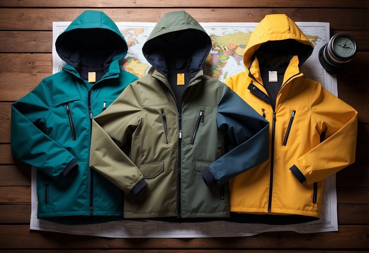 A table with 5 different lightweight jackets laid out, each with distinct features and colors. Nearby, a map and compass sit ready for use