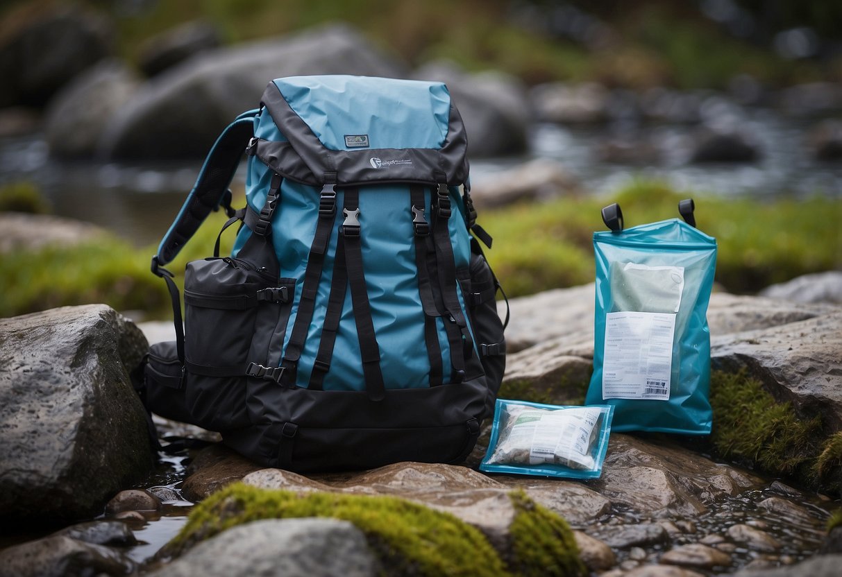 A backpack with waterproof cover sits on a rock, surrounded by a clear plastic bag, dry sack, and ziplock bags. A tarp is spread out on the ground, with a waterproof map case and a waterproof phone case nearby