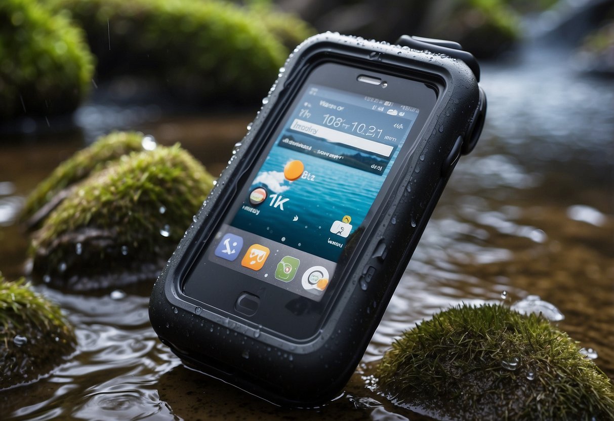 A waterproof silicone case surrounded by various outdoor gear, including a GPS device, compass, and flashlight, with water droplets rolling off the surface