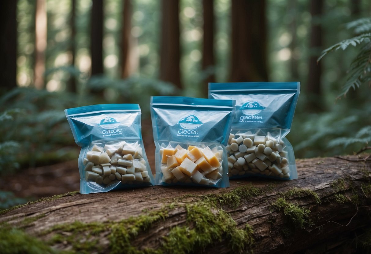 Ziploc Freezer Bags arranged with various outdoor gear, surrounded by a forest and a geocache container