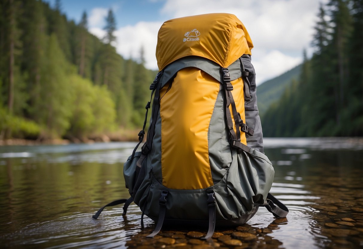 A waterproof backpack cover is shown being used in various outdoor settings, such as hiking trails, forests, and near bodies of water, to keep gear dry while geocaching