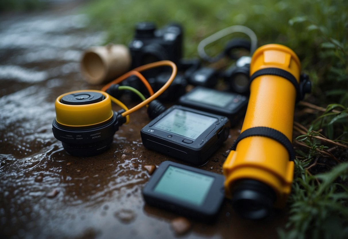 Electronics covered with rain gear, surrounded by geocaching equipment