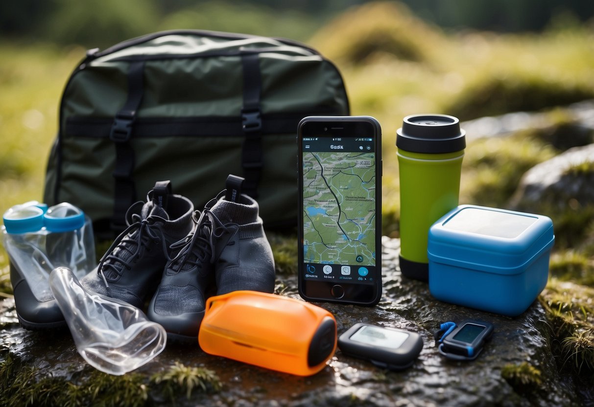 A pair of SealSkinz Waterproof Socks placed next to a geocaching kit, surrounded by various waterproof gear such as dry bags, a waterproof phone case, and a waterproof map case