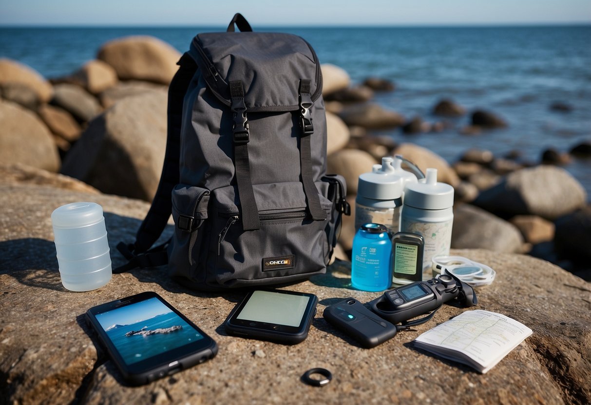 A backpack with water-resistant maps, a dry bag, waterproof phone case, and sealed containers sits on a rocky shoreline next to a geocache hidden under a pile of rocks