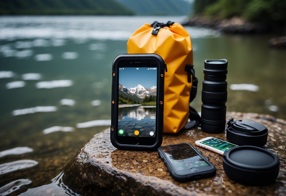 A rubberized smartphone cover lies next to a waterproof backpack, GPS device, and sealed containers, all surrounded by a protective barrier of waterproof material