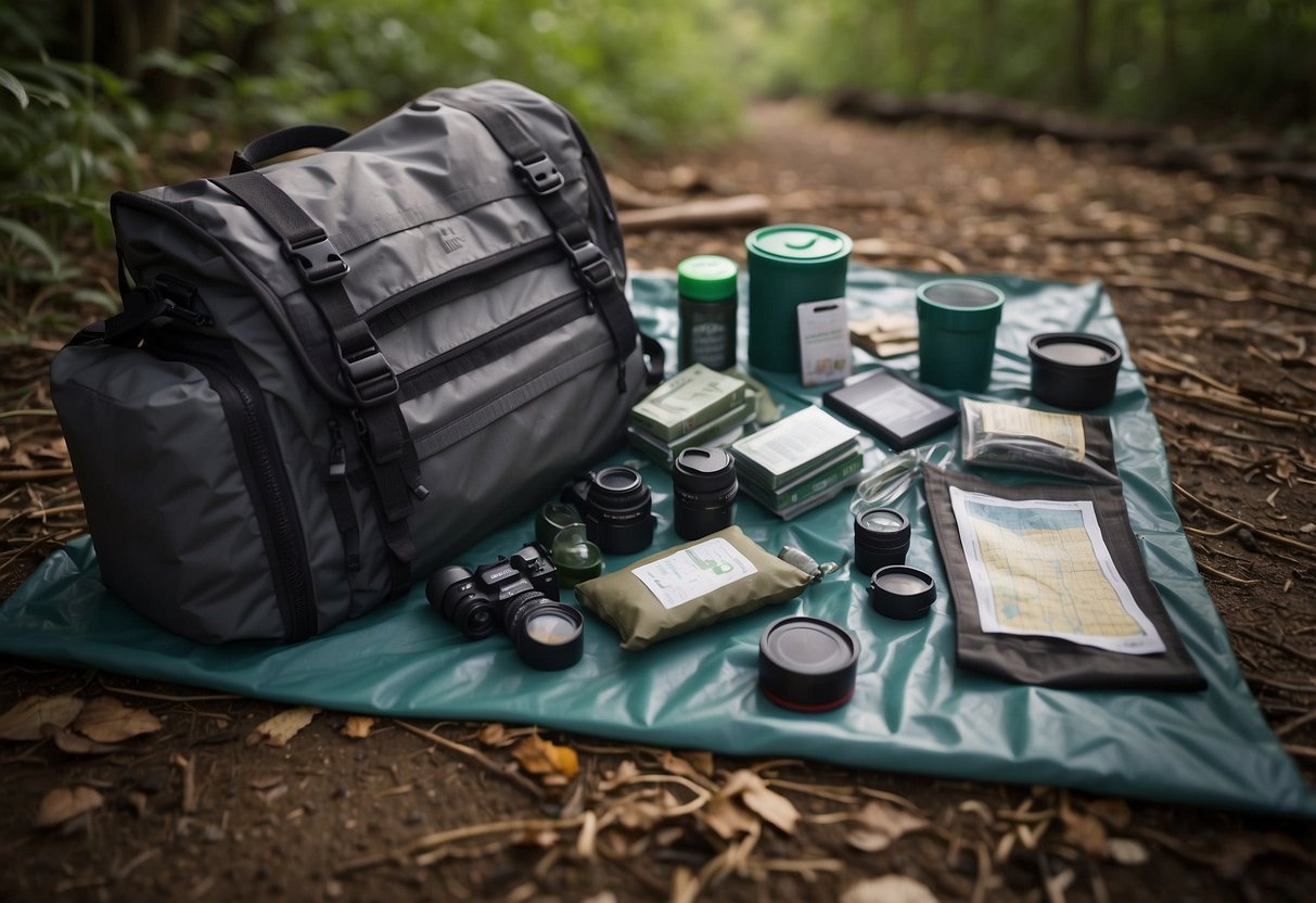 Geocaching gear laid out on a waterproof tarp, surrounded by dry bags, waterproof containers, and a waterproof map case