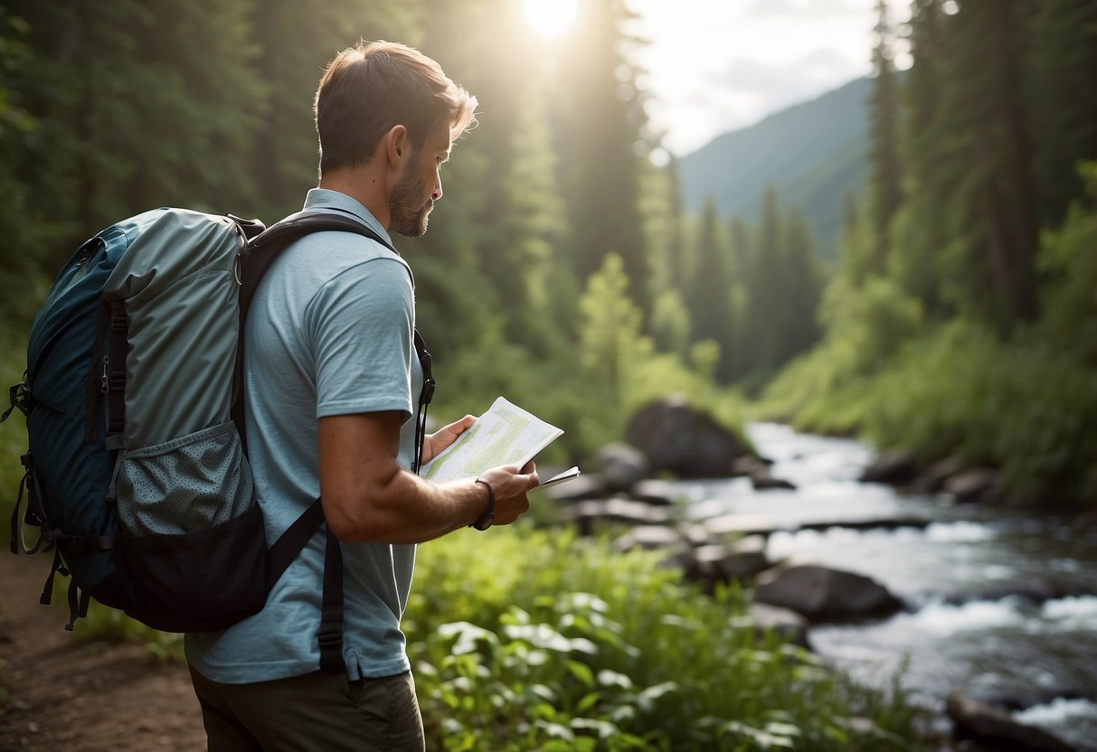 A sunny day with scattered clouds, a forested trail with a gentle stream, and a geocacher holding a waterproof backpack and using a waterproof map case