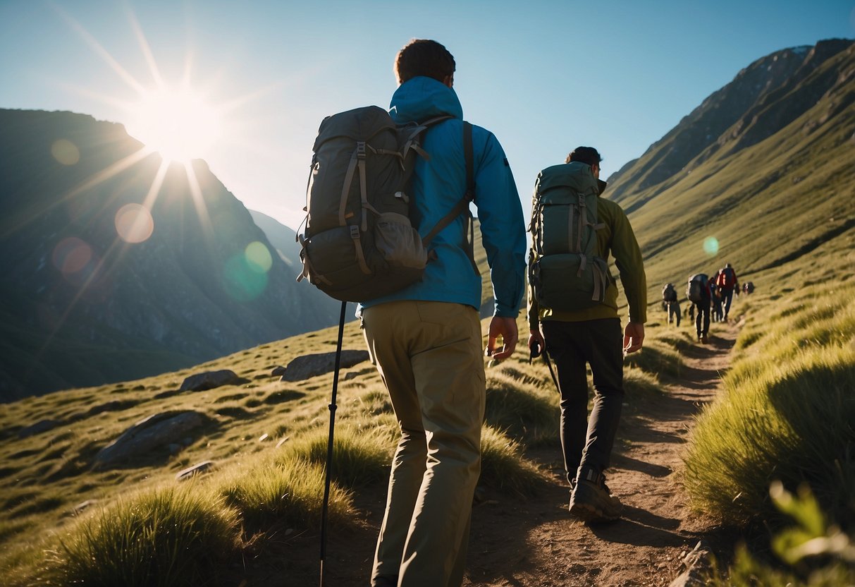 A group of geocachers trek through a mountainous landscape, using GPS devices to search for hidden caches. The sun shines brightly overhead as they navigate rocky terrain and dense forests at high altitudes