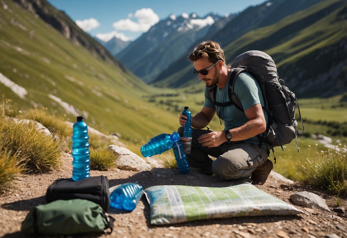 A geocacher places water bottles in a backpack, checks a map, and adjusts sunglasses in bright, mountainous terrain