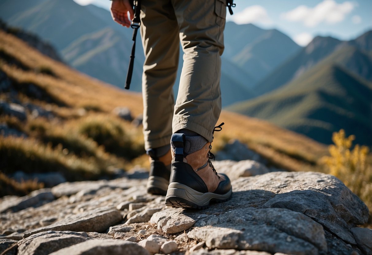 A hiker wearing sturdy boots stands on a rocky trail, surrounded by towering mountains and a clear blue sky. A GPS device is held in one hand, while the other adjusts a backpack strap