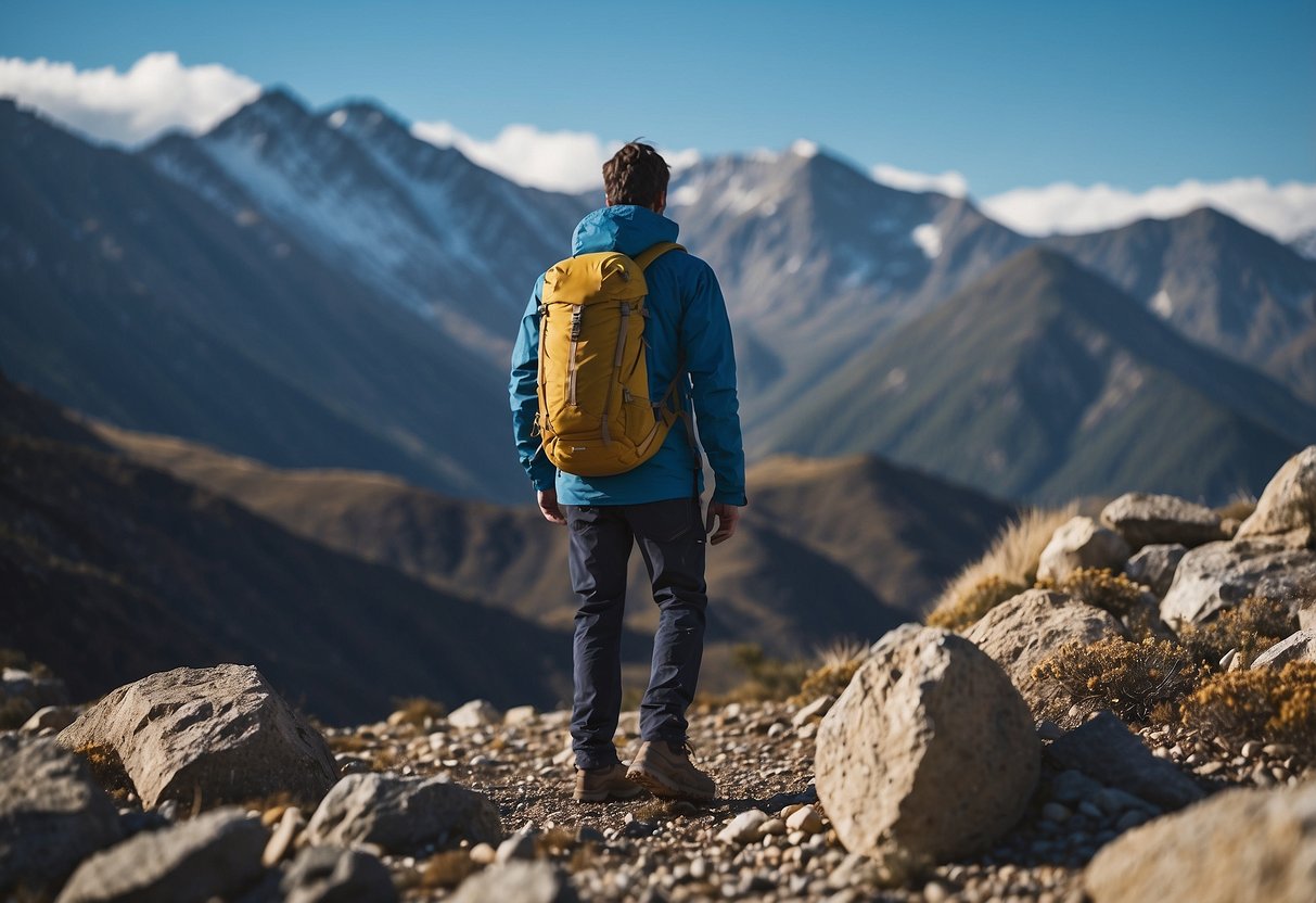 A figure in layered clothing navigates rocky terrain with a GPS device, surrounded by mountain peaks and a clear blue sky