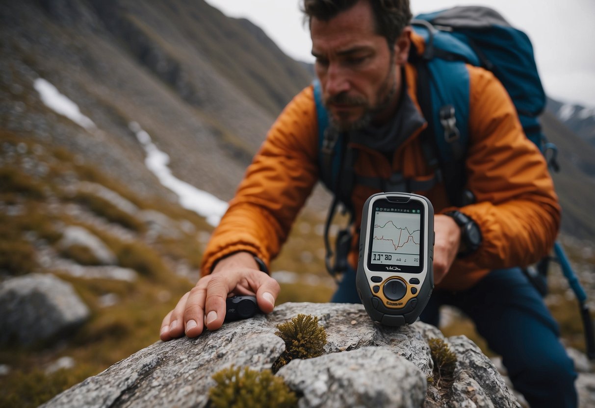 A hiker uses a GPS device to search for a geocache hidden among rocky, snow-capped peaks at high altitude. The device displays coordinates as the hiker navigates through challenging terrain