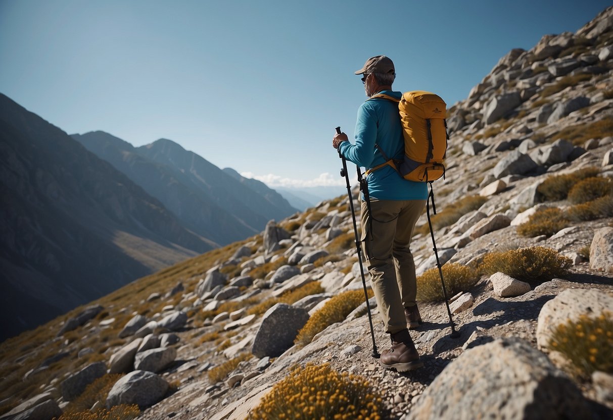 A hiker uses walking poles to navigate rocky terrain, surrounded by towering mountains and a clear blue sky. They carefully search for hidden geocaches in the high altitude wilderness