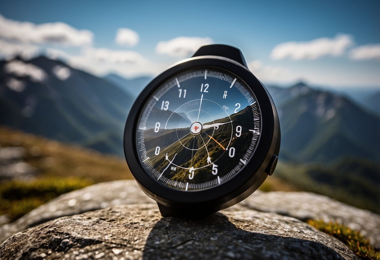 A mountainous landscape with GPS device, compass, and map. Clear skies, high altitude setting. Illustrate geocaching tools in use