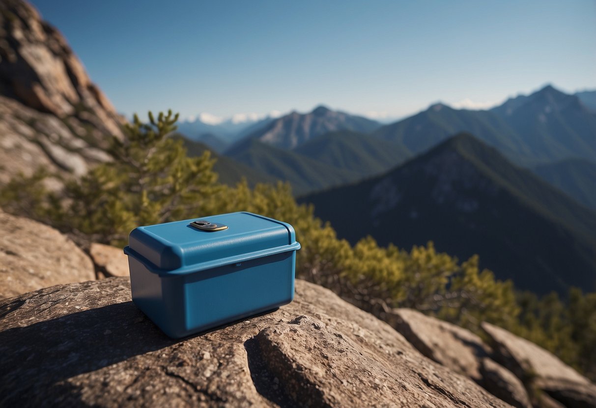 A mountainous landscape with a clear blue sky, rugged terrain, and a geocaching container hidden among rocks or trees at a high altitude