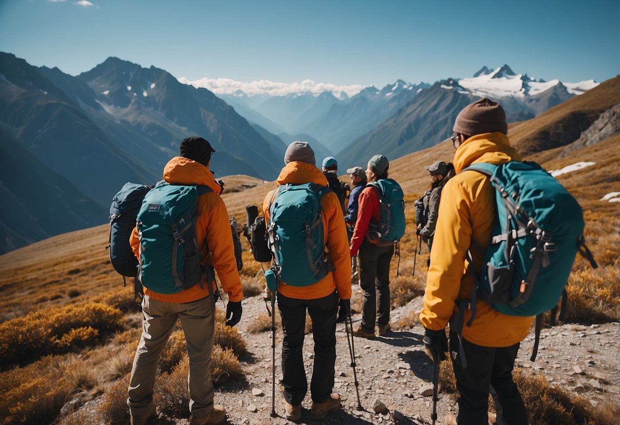 A group of geocachers in high-altitude gear, checking their equipment and following safety tips before embarking on a mountainous geocaching adventure