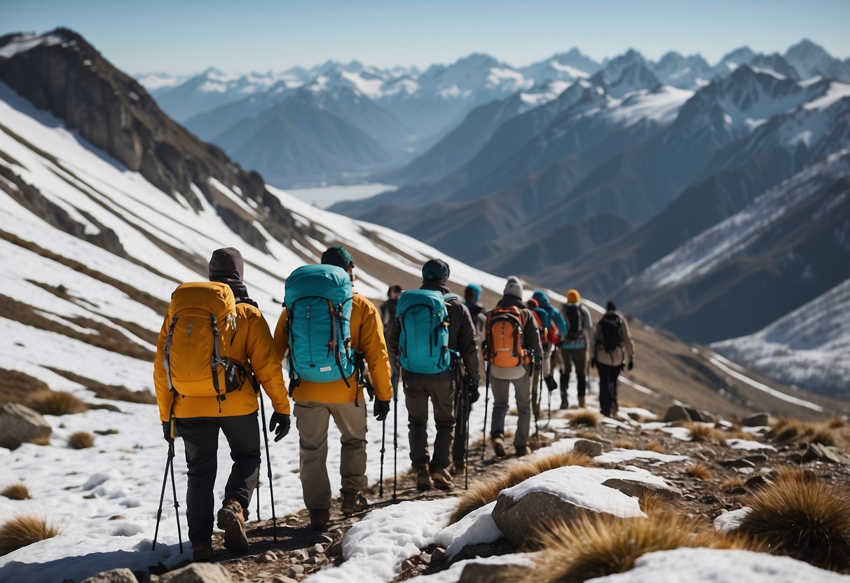 A group of geocachers trek through rocky, snow-covered terrain with GPS devices in hand, navigating steep inclines and thin air