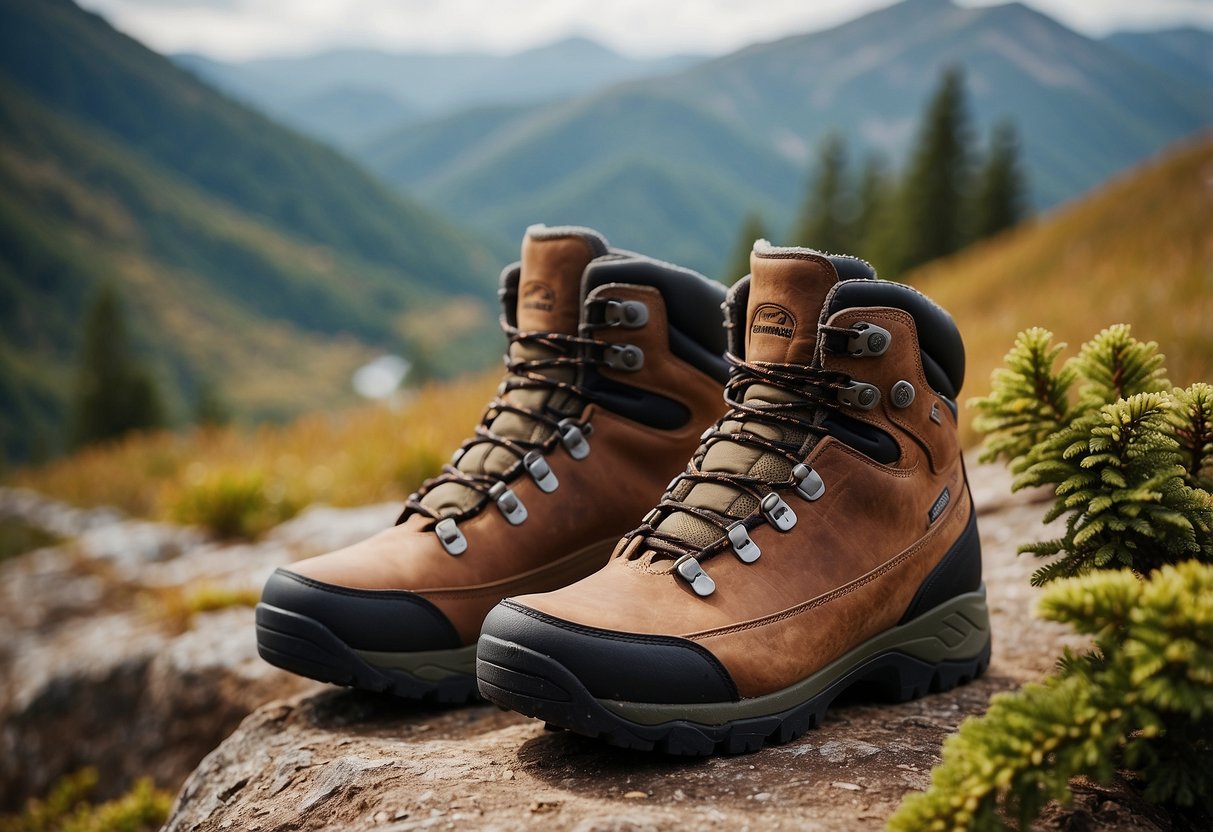 A pair of sturdy hiking boots surrounded by geocaching equipment and a scenic outdoor backdrop