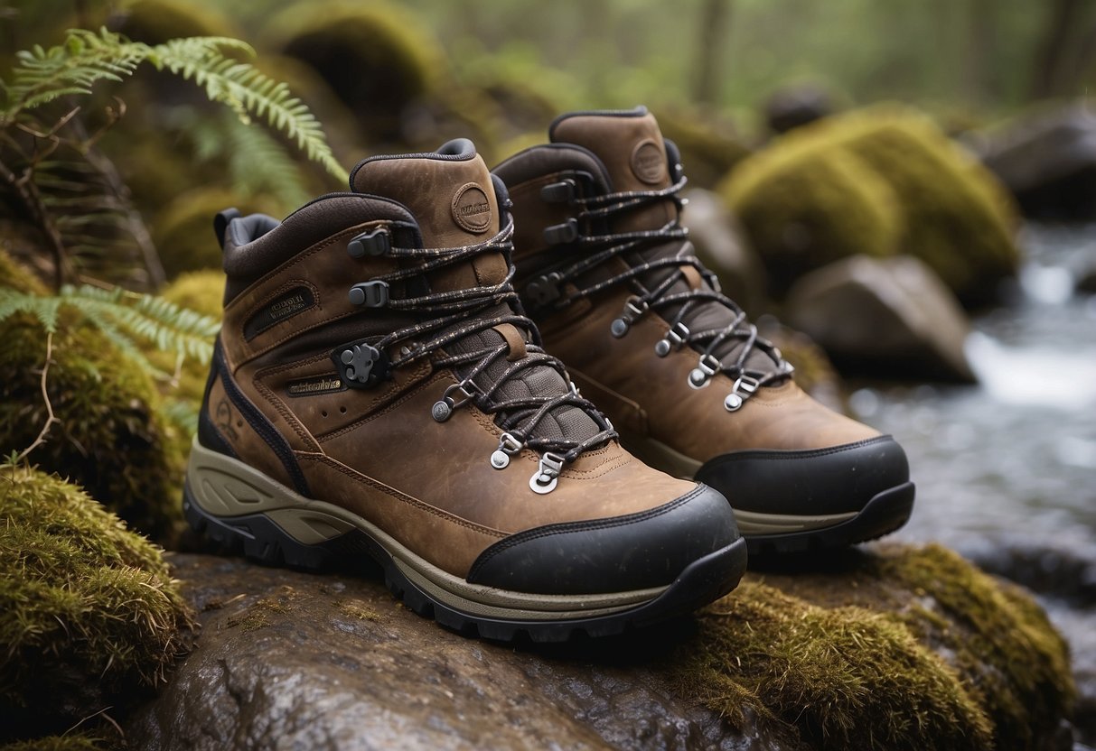 A pair of Columbia Newton Ridge Plus 5 boots placed on a rugged terrain, surrounded by geocaching equipment and a GPS device