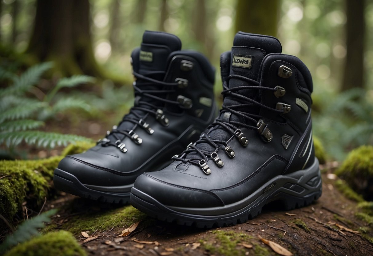 A pair of Lowa Renegade GTX Mid boots placed on a forest trail, surrounded by geocaching tools and a GPS device. The boots are well-worn and show signs of adventure