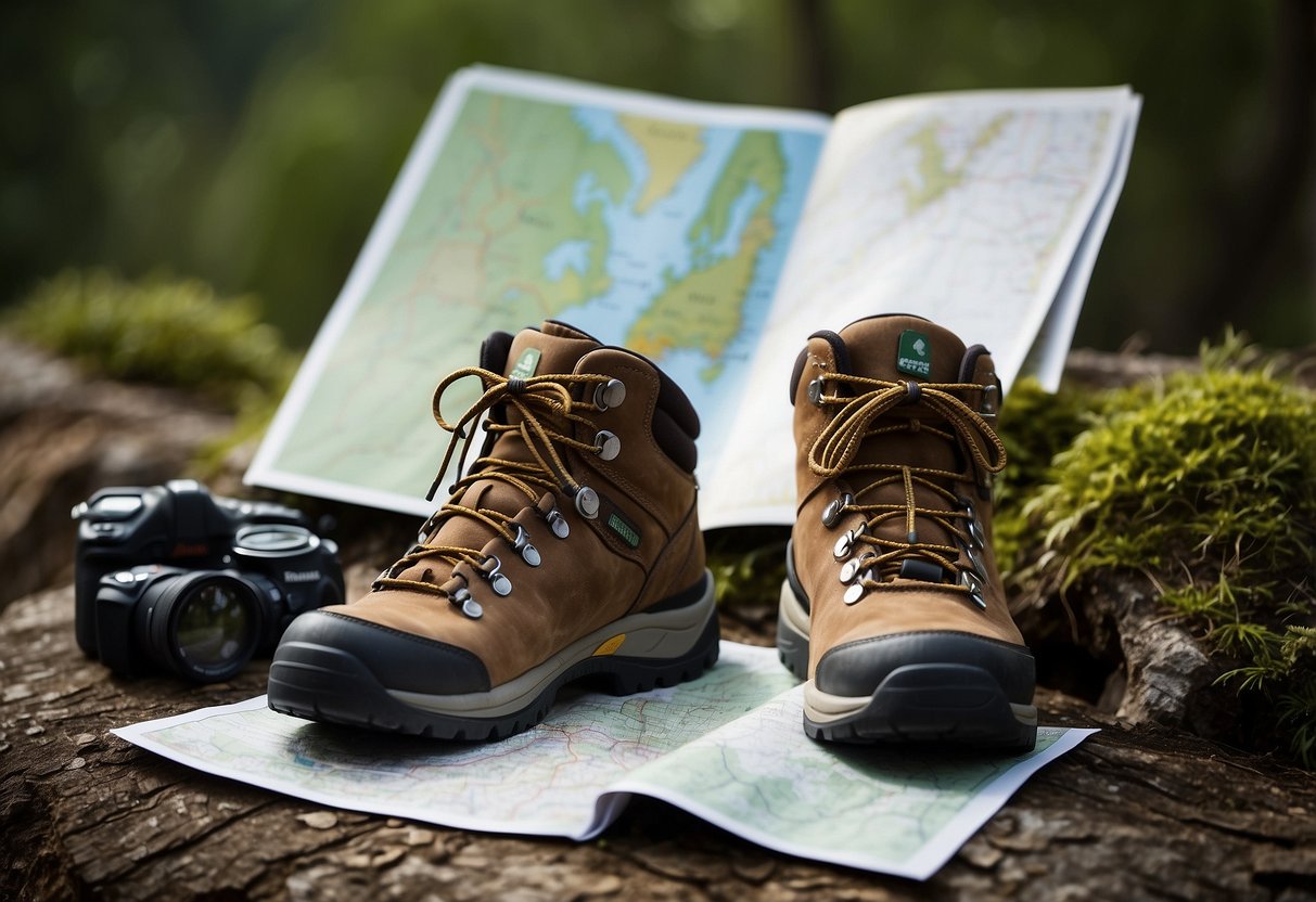 A pair of sturdy hiking boots surrounded by geocaching equipment and a map, emphasizing the importance of choosing the right footwear for comfort and support during outdoor adventures