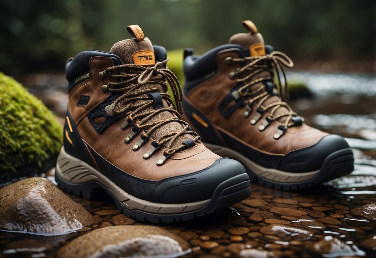 A pair of sturdy, waterproof boots with thick, cushioned soles. A rugged tread pattern for traction on various terrains. Breathable materials for all-day comfort