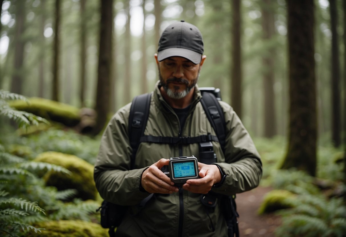 Geocacher uses GPS to navigate forest trail, avoiding hazards and wildlife, while searching for hidden containers