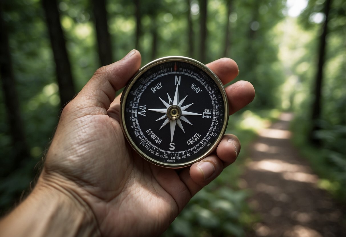 A hand holding a compass and map, surrounded by trees and a trail. The compass points north while the map is unfolded, showing a marked route for geocaching