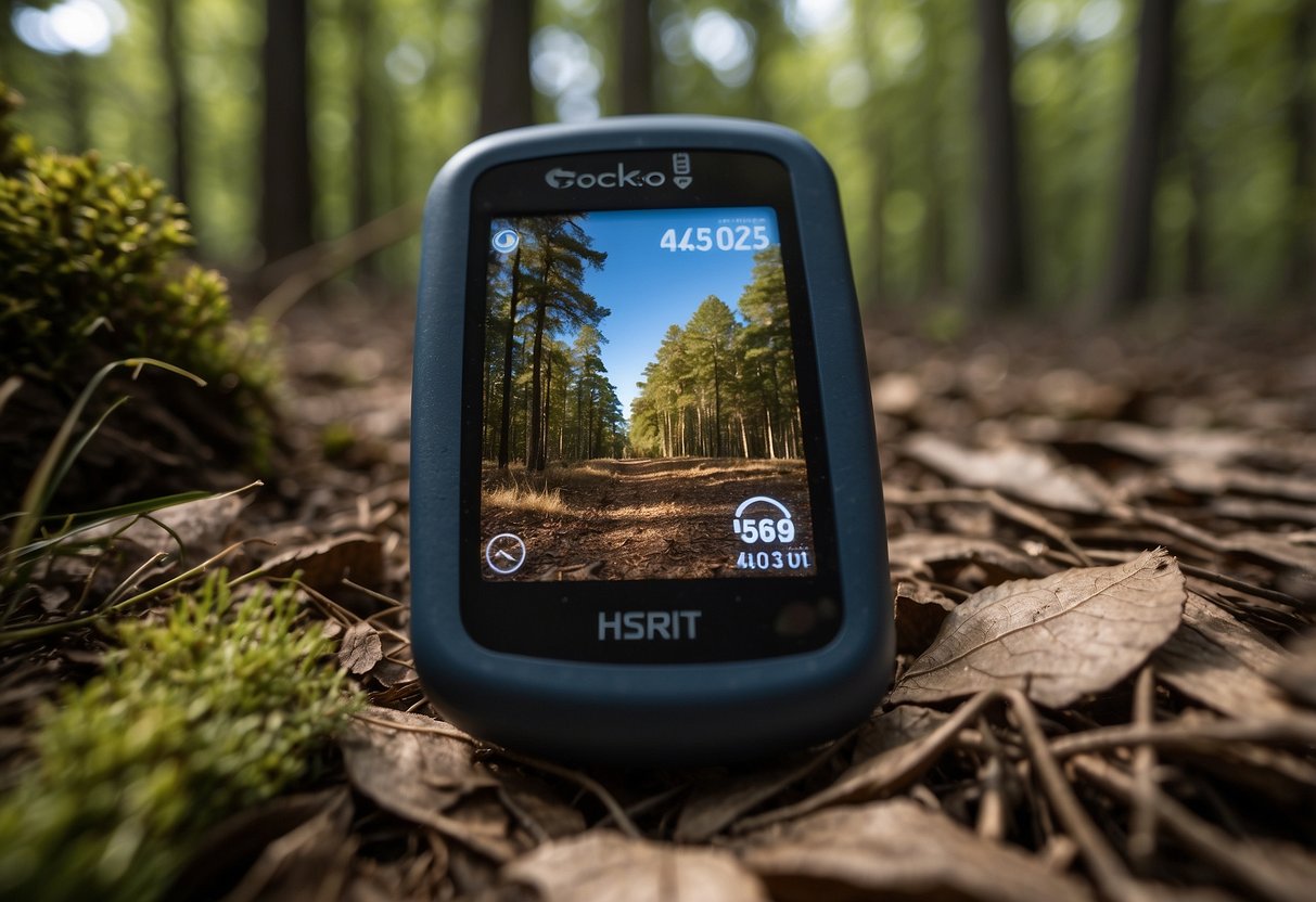 A GPS device rests on a forest floor, surrounded by trees and a clear blue sky overhead, as it accurately pinpoints a geocaching location