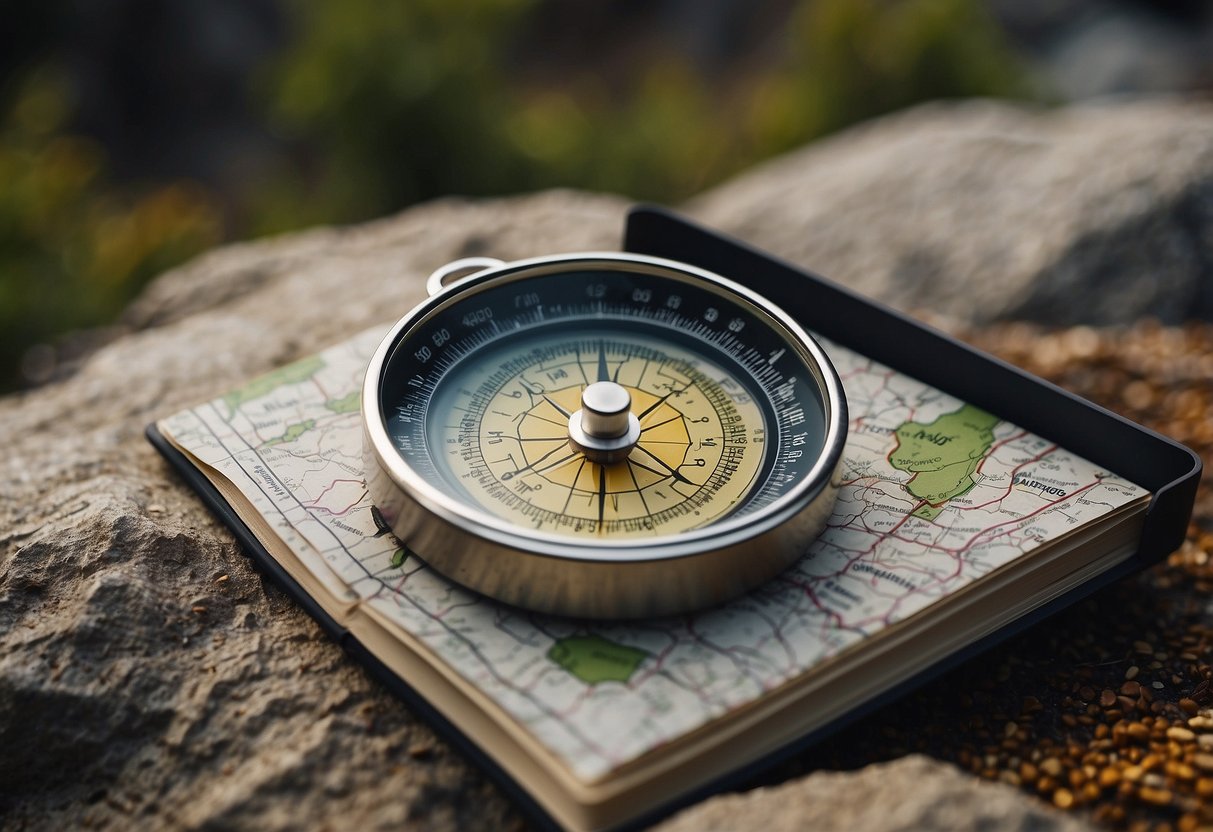 A map and compass sit on a rocky trail. A weather app shows a storm approaching. A geocaching guidebook lays open, highlighting essential skills