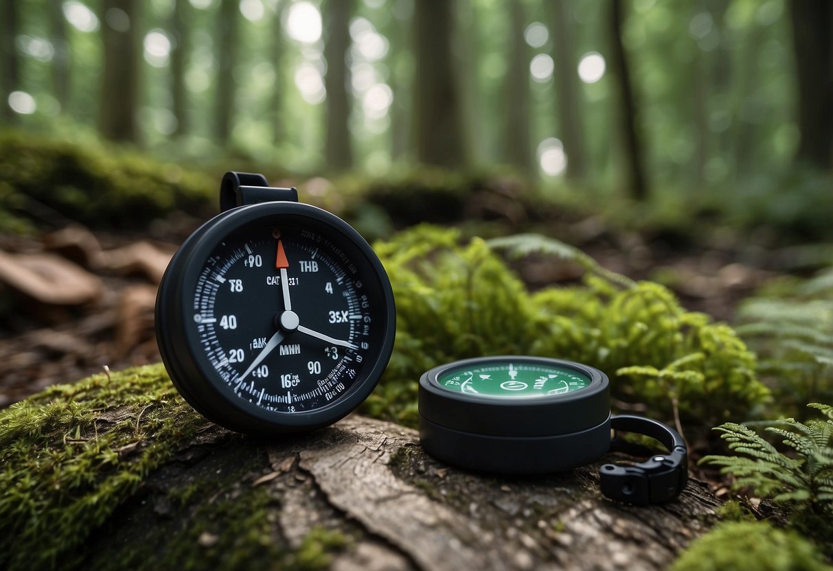 A trail winds through a lush forest, marked with colorful signs and symbols. A GPS device and compass lay nearby, essential tools for safe geocaching