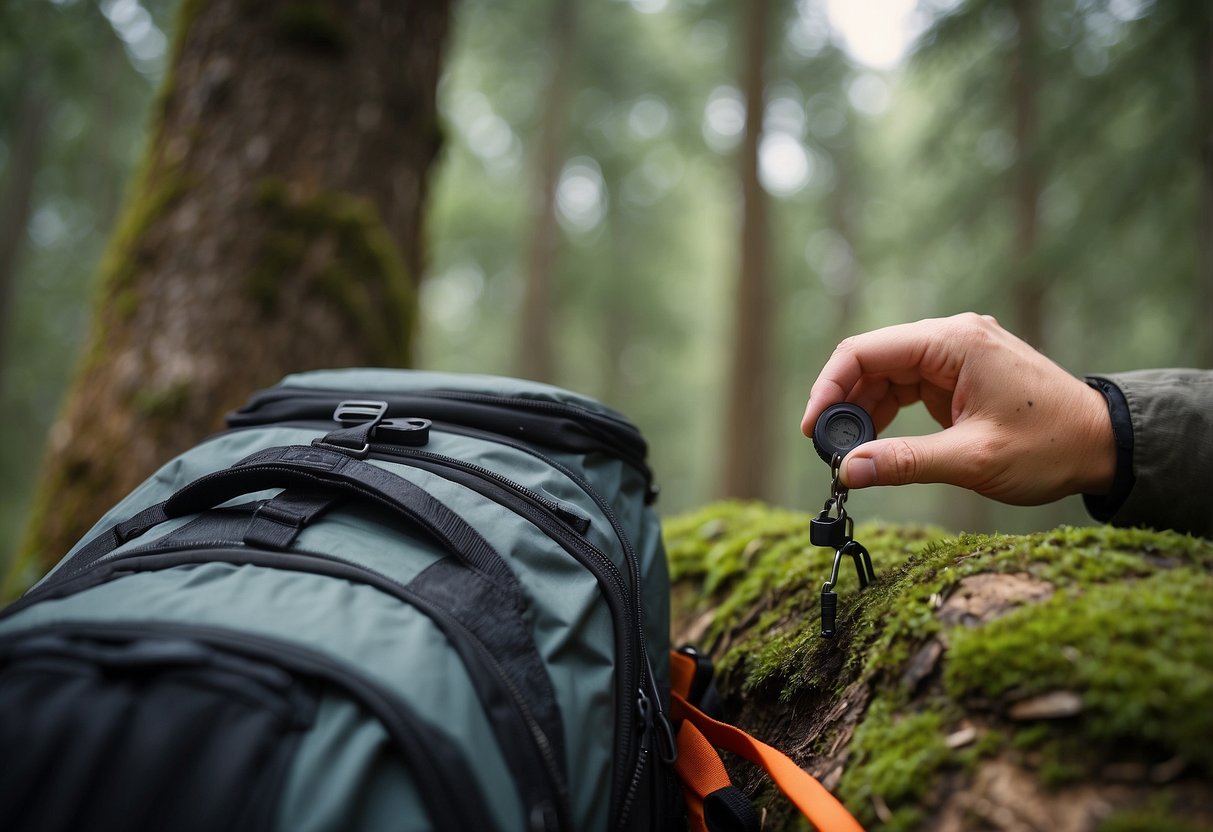 A hand reaches for a safety whistle hanging from a backpack, ready for use during a geocaching adventure