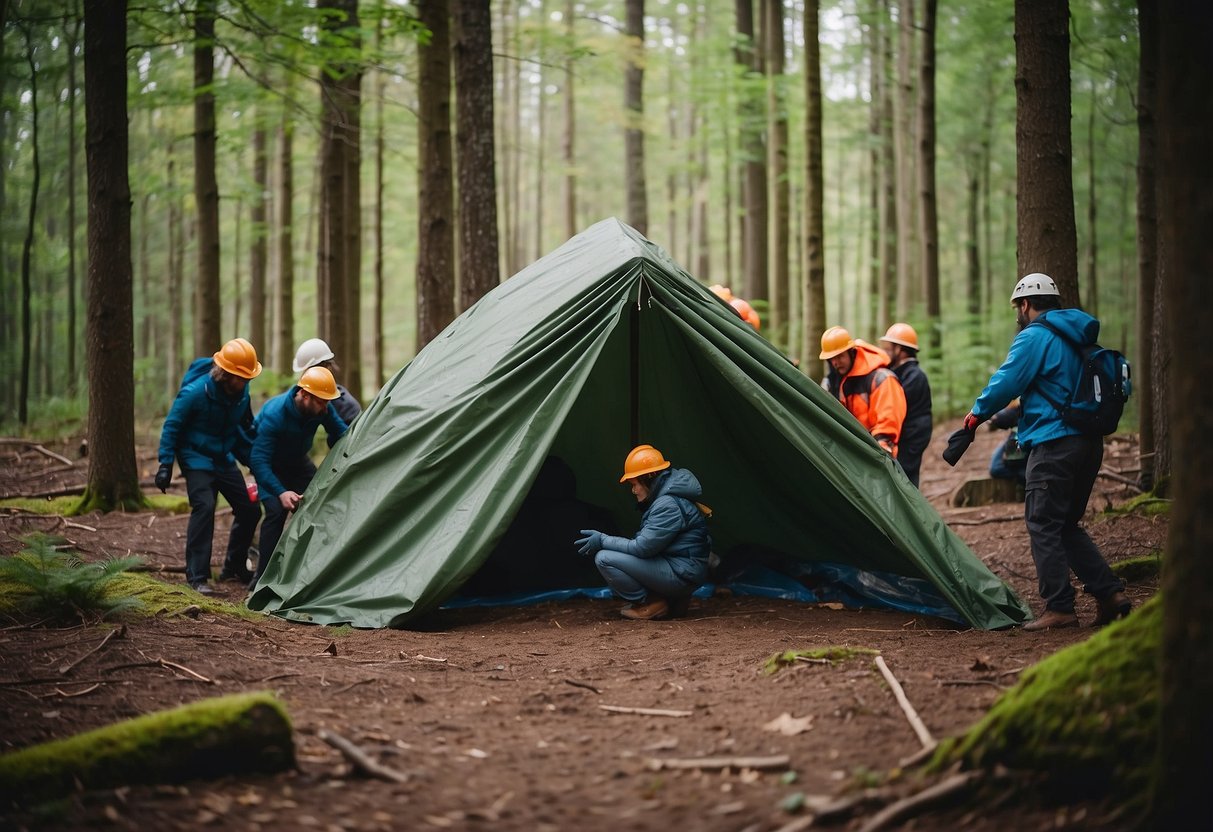 A group of people construct a sturdy emergency shelter using branches and tarps in a forest clearing. They work together to build a safe and secure structure