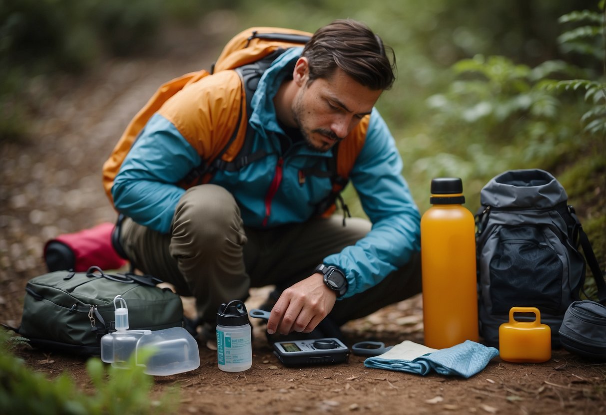 A geocacher carefully checks their equipment before heading out on a trail. They pack a first aid kit, map, compass, and water bottle. They also wear appropriate clothing and footwear for the terrain