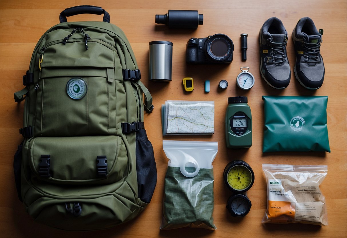 A backpack with a compass, GPS device, and pen. A map, flashlight, and first aid kit. A water bottle, snacks, and sturdy shoes. These items are spread out on a table, ready for a geocaching adventure