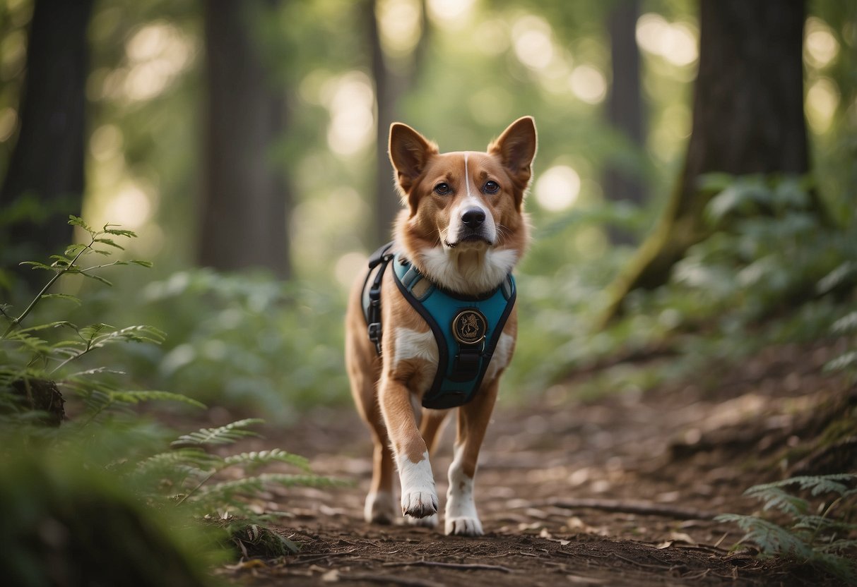 A dog with a geocaching harness explores a wooded trail, sniffing at hidden containers. A cat watches from a nearby tree as a bird flies overhead