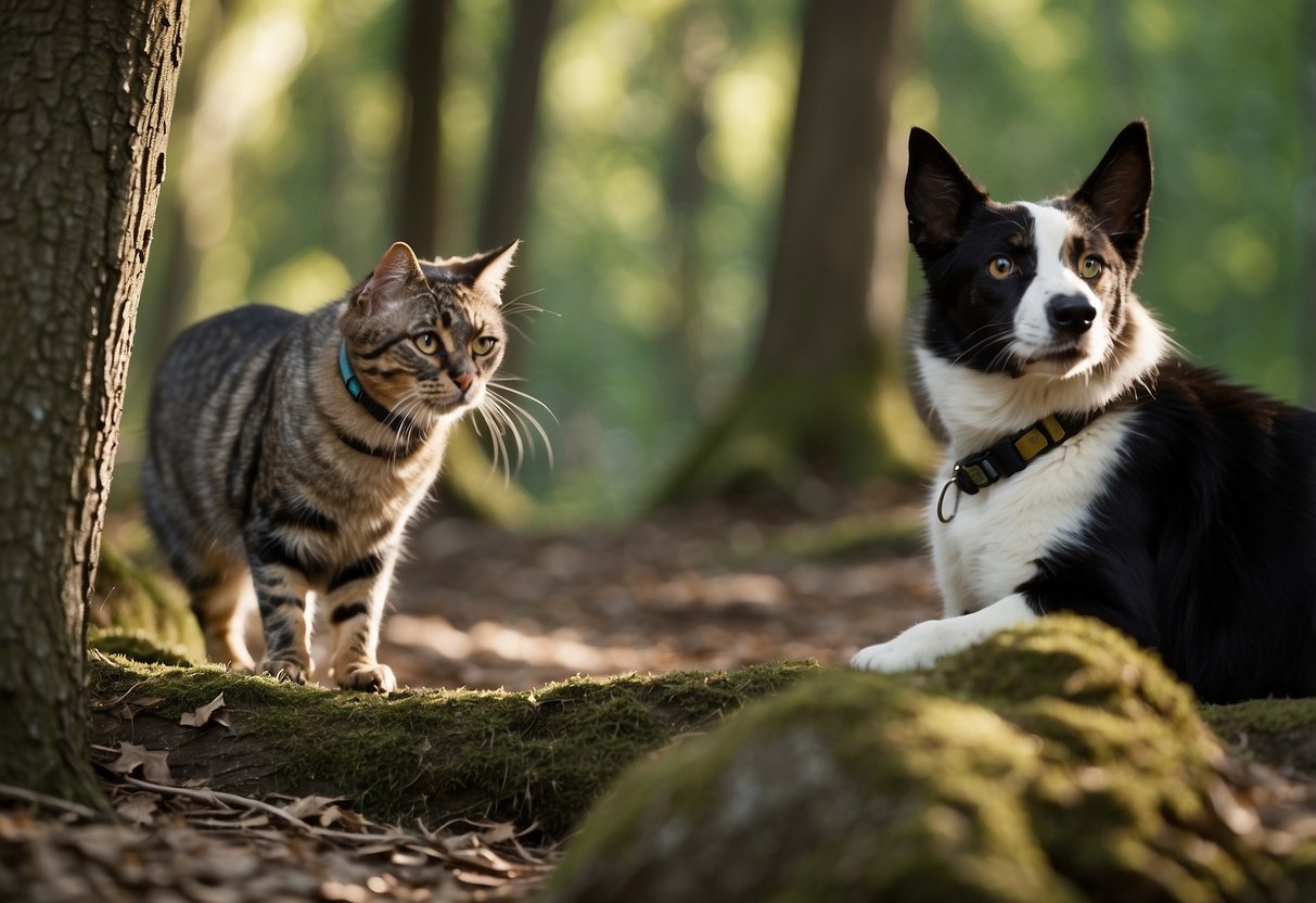 A dog with a geocaching collar explores a wooded trail, sniffing at various hiding spots while a cat perches on a nearby tree branch, watching with curiosity