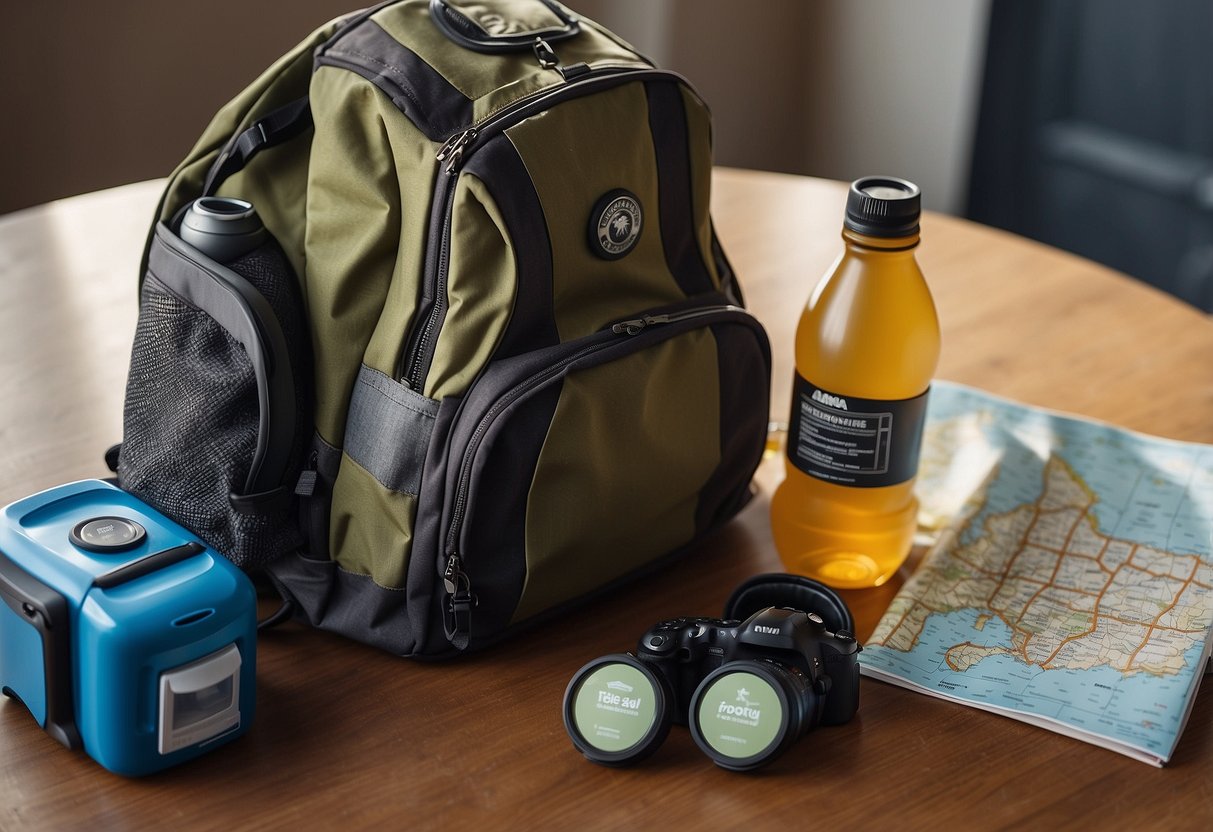 A backpack with water bottles and pet snacks laid out on a table, surrounded by a map, compass, and pet leash