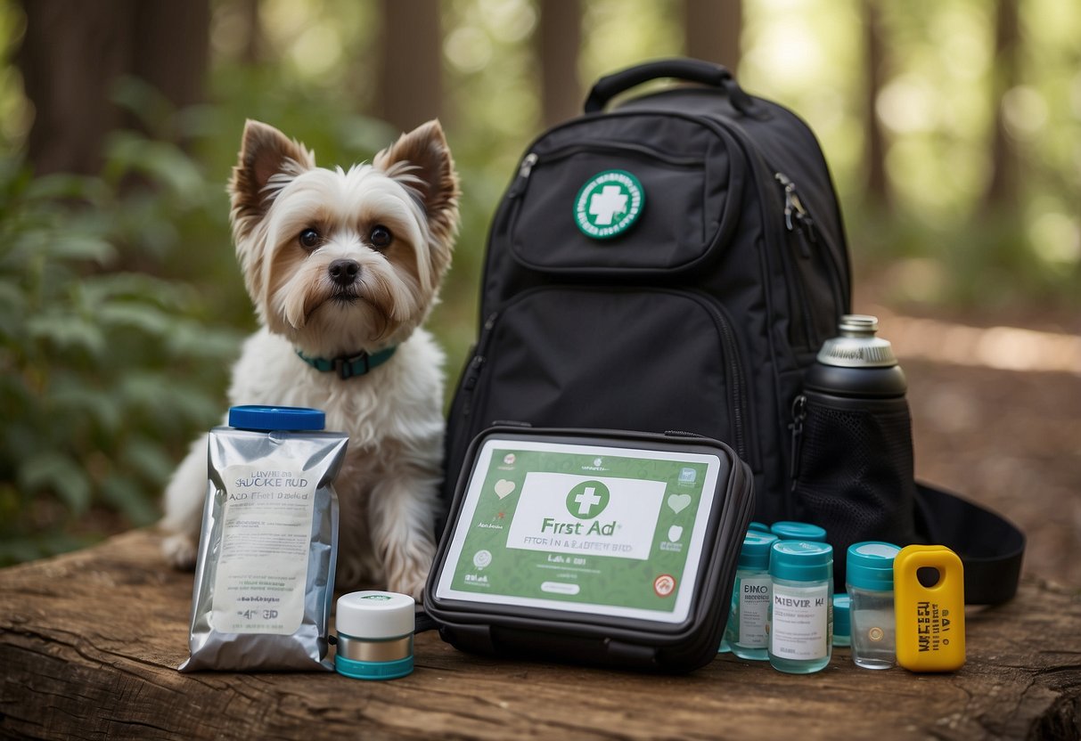 A pet first aid kit sits next to a geocaching backpack, with a leash and water bowl nearby. A map and GPS device are also visible, along with a dog tag and treats